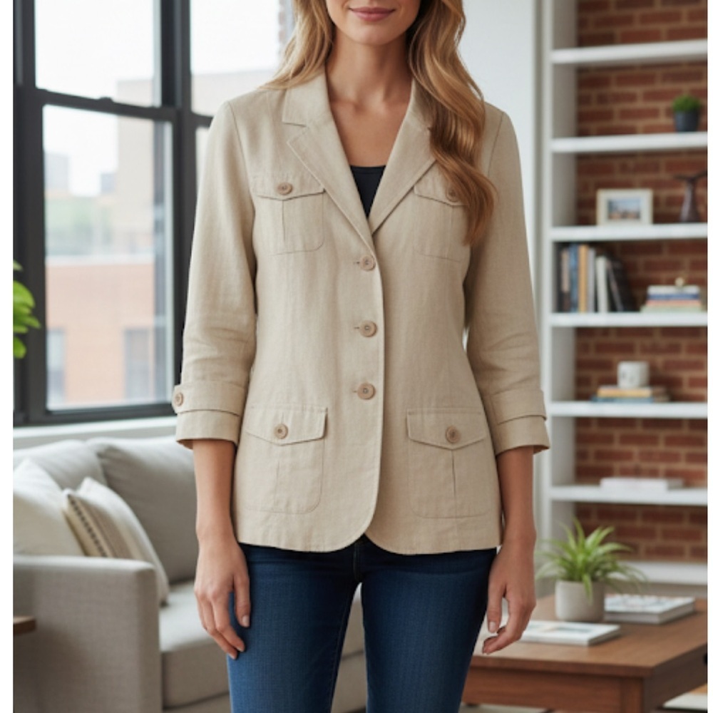 Studio Works Linen Blend Blazer 3/4 Sleeve Button Front